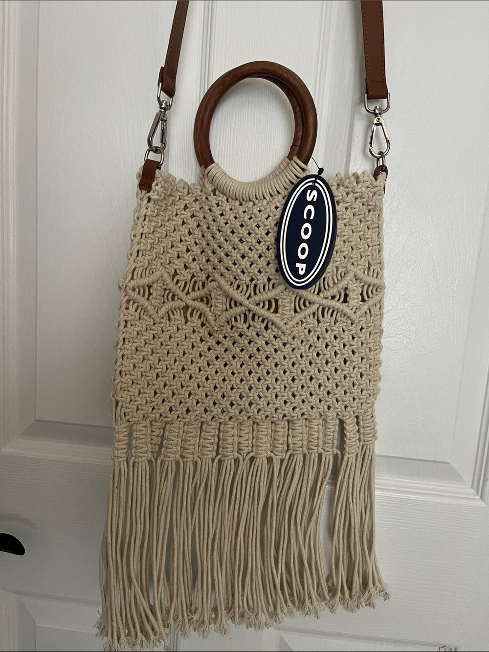 Scoop Brand Macramé Fringe Shoulder Bag in Cream